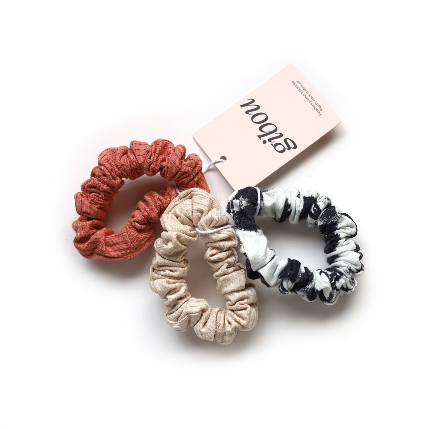 Trio of mini scrunchies made from upcycled fabric