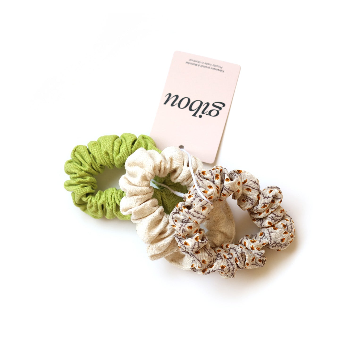 Trio of mini scrunchies made from upcycled fabric