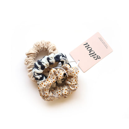Trio of mini scrunchies made from upcycled fabric